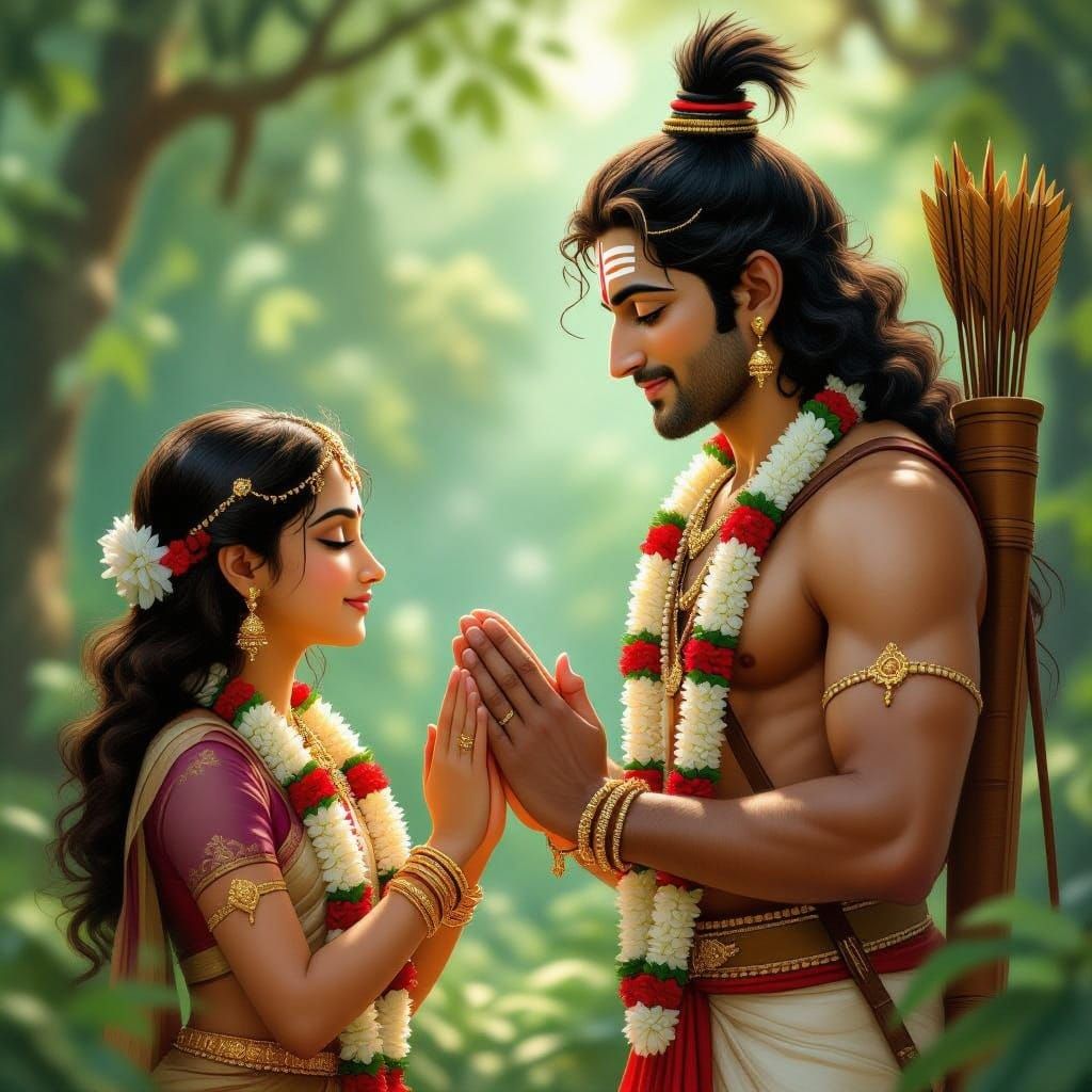 Gentle Vanara Maiden Approaches Lord Rama in Traditional Ind...
