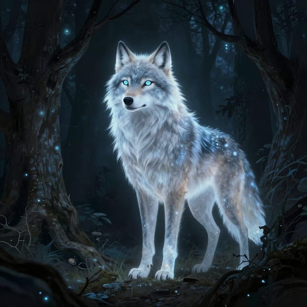 Mystical Luna Wolf of Moonlight and Trees in Dark Fantasy St...