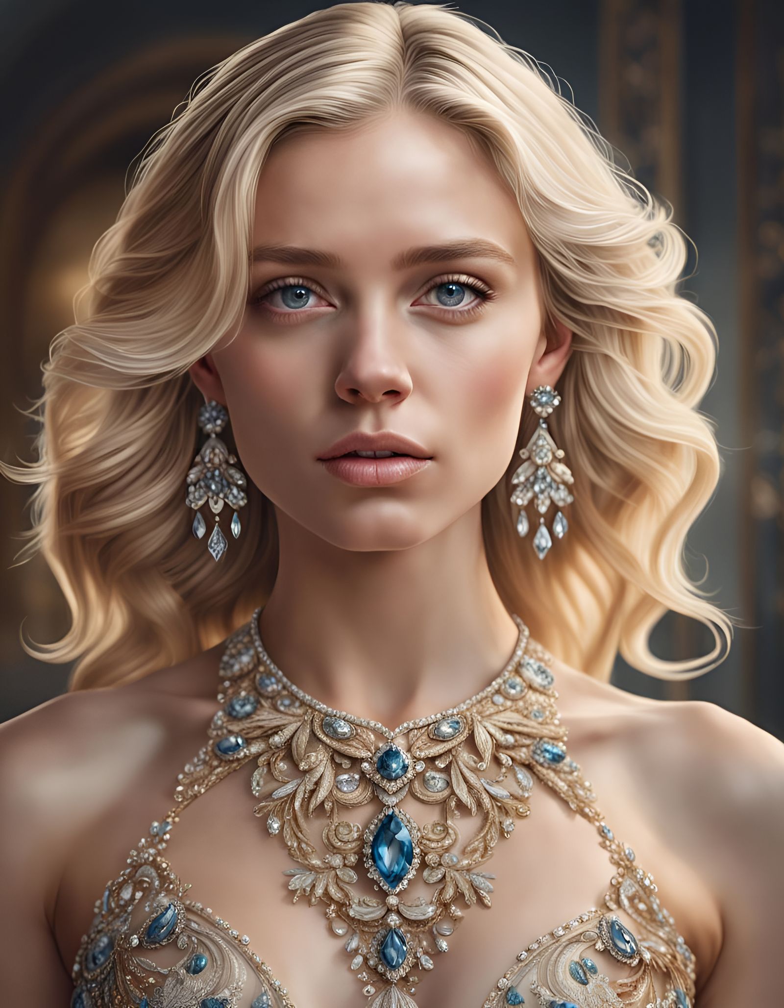 Detailed Portrait of a Blonde Woman in Jewels