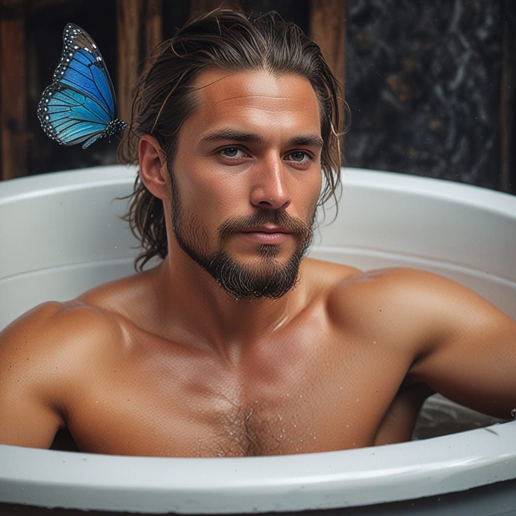 Man in Outdoor Tub with Butterfly: Mixed Media Portrait