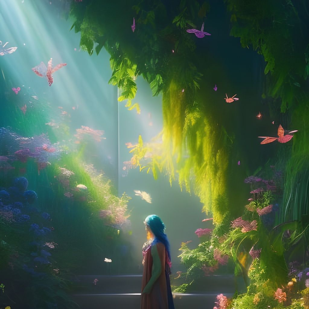 Blue-Haired Spring Pixie in Art Nouveau Garden