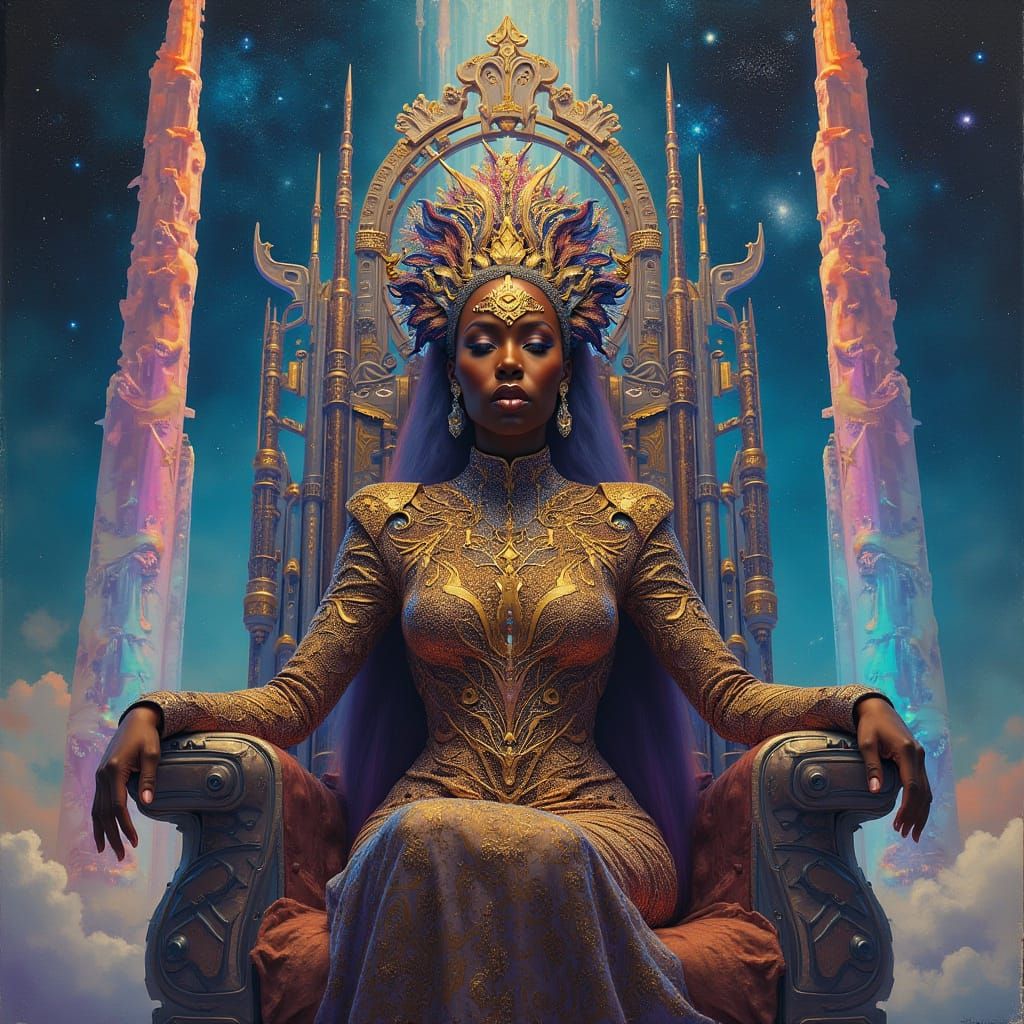 Regal African Queen in Holographic Robes on Circuit Throne