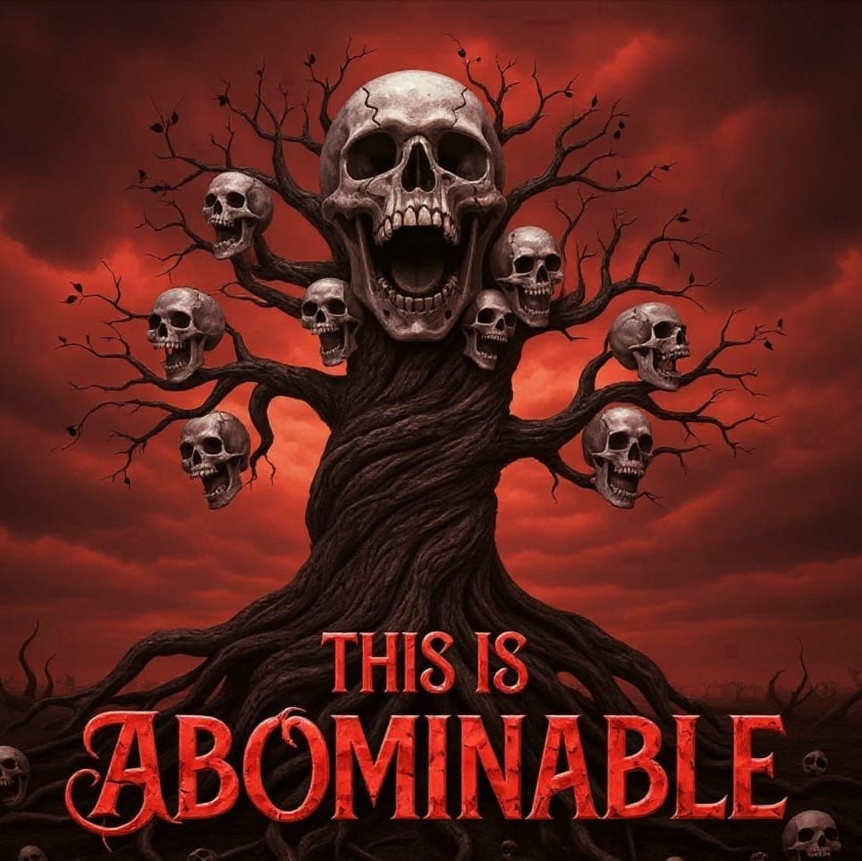 Change text “THIS IS ABOMINABLE" to span the extreme bottom edge of the canvas in a 3D bold HEAVY fantasy gothic drippin...