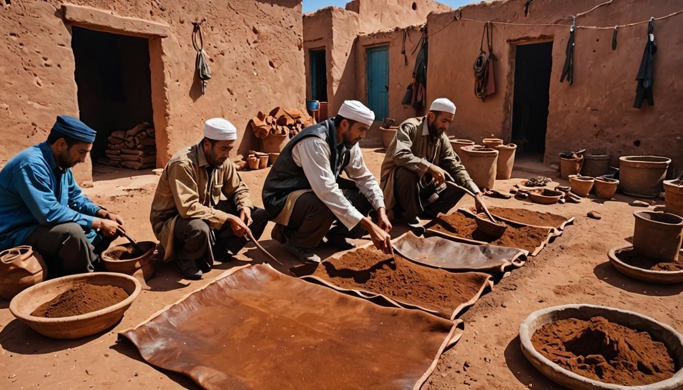 Traditional Moroccan Leather Workshop Scene in a Bustling Ou...