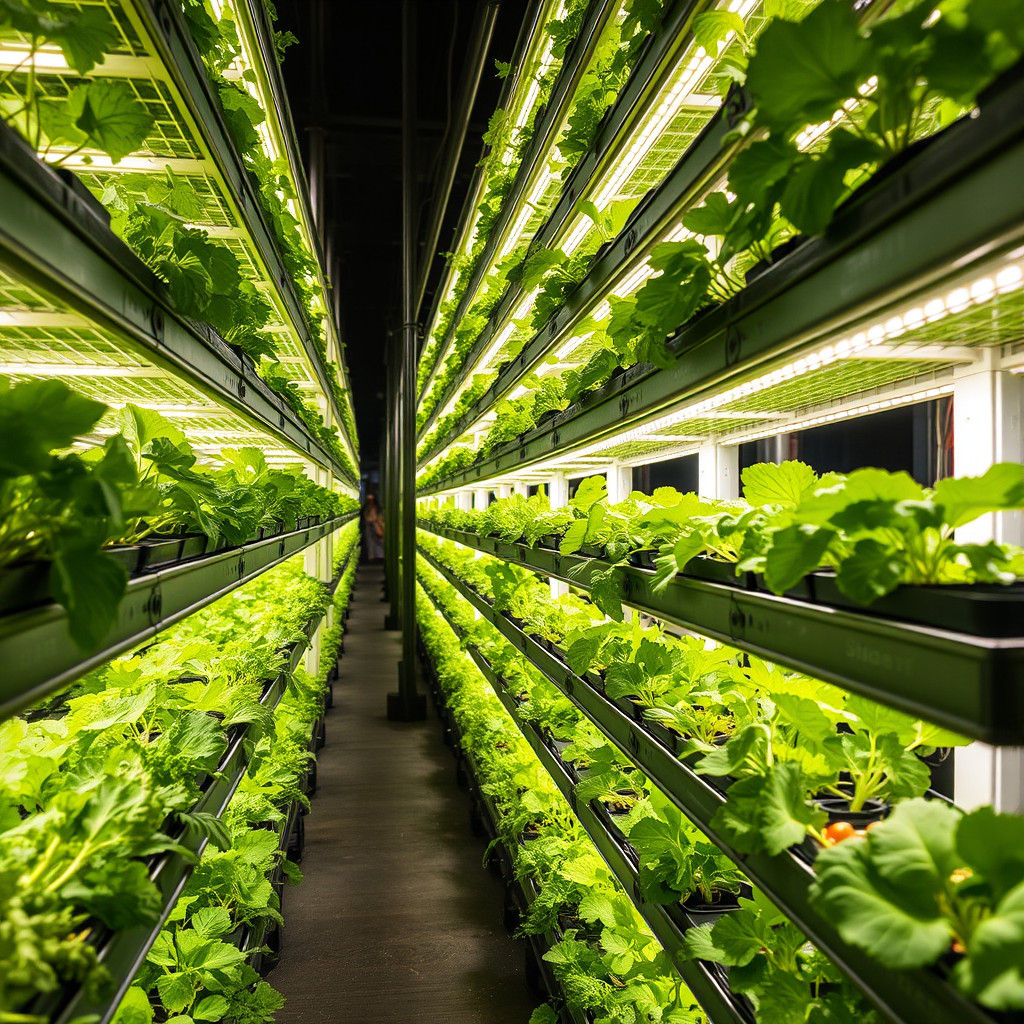 Illuminated Vertical Farms Growing Produce in Urban Setting