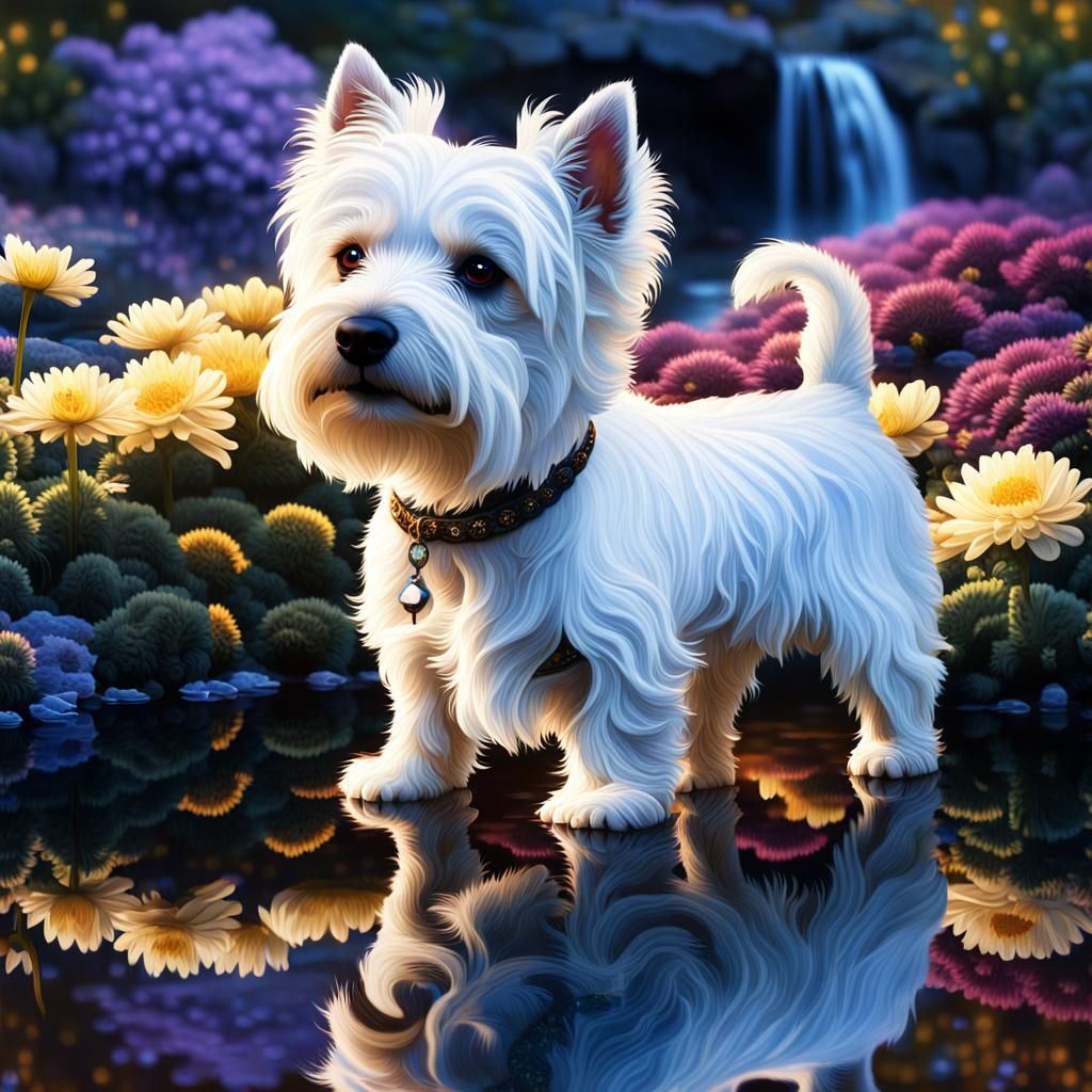 Enchanted Westie in a Dark Fantasy Chrysanthemum Pond