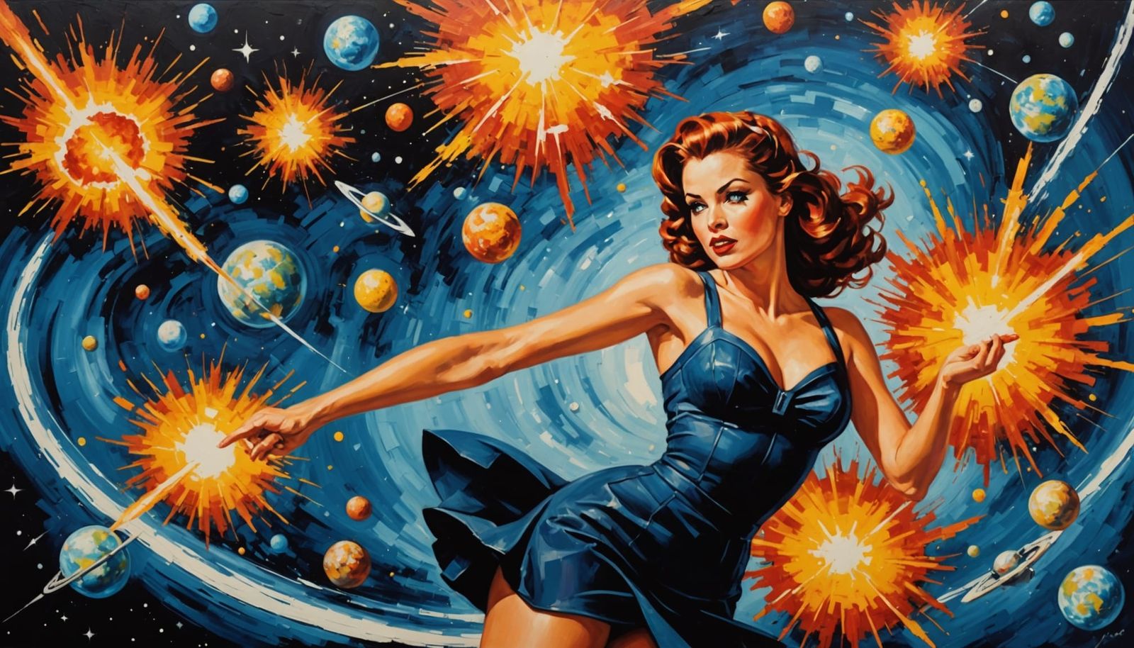 Cosmic Pin-Up Girl in Vibrant Impasto Style