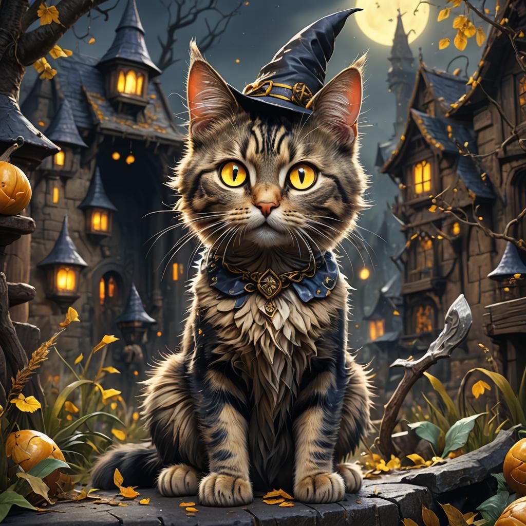 Cute Witch Cat with Shiny Yellow Eyes