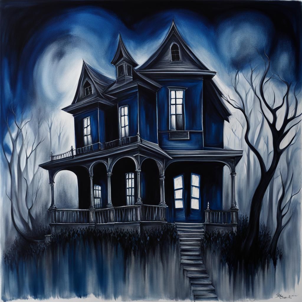 Eerie Haunted House in Dark Blue and Gray Tones
