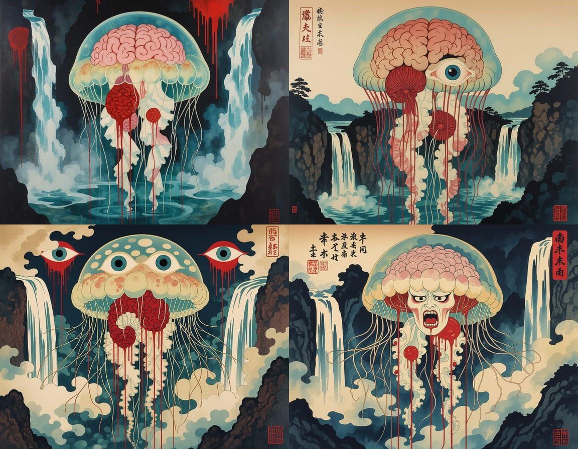 Mythical Jellyfish Internal Organs in Ukiyo-e Style