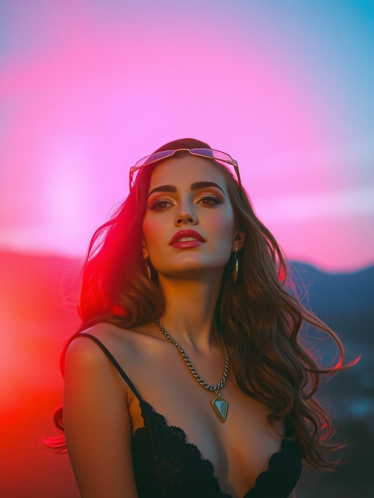 Vaporwave Pinup Girl in Holographic Golden Light