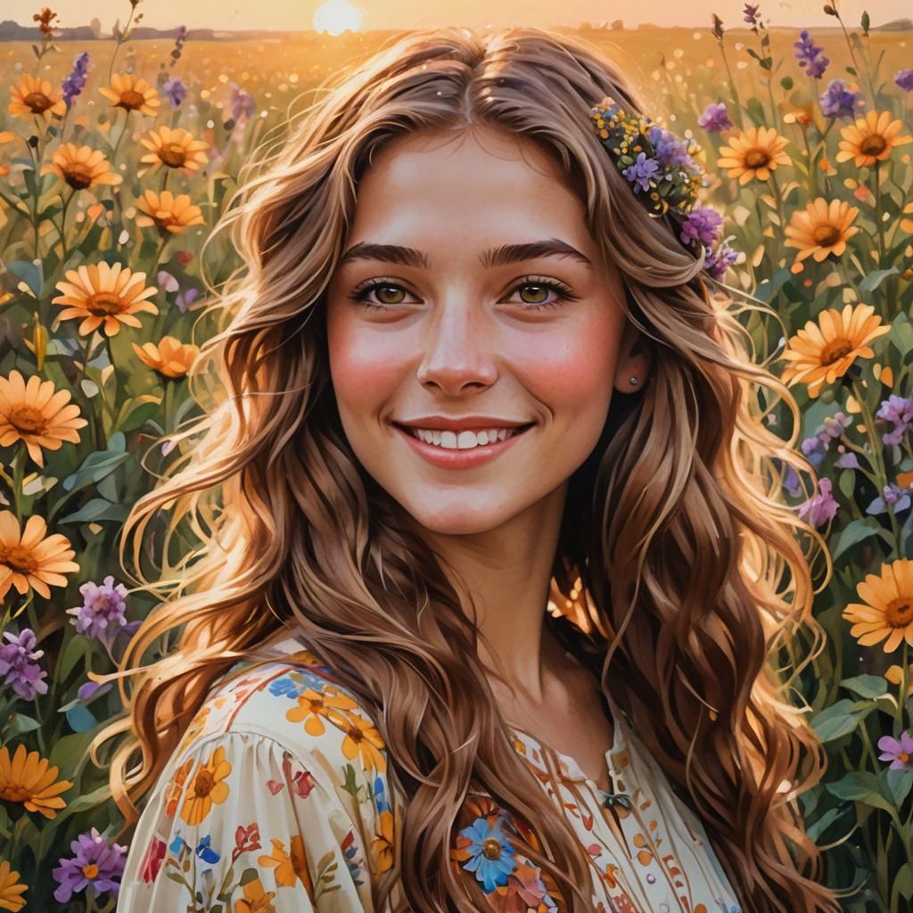 Beautiful Portrait of a Teenage Girl in a Vibrant Flower Fie...