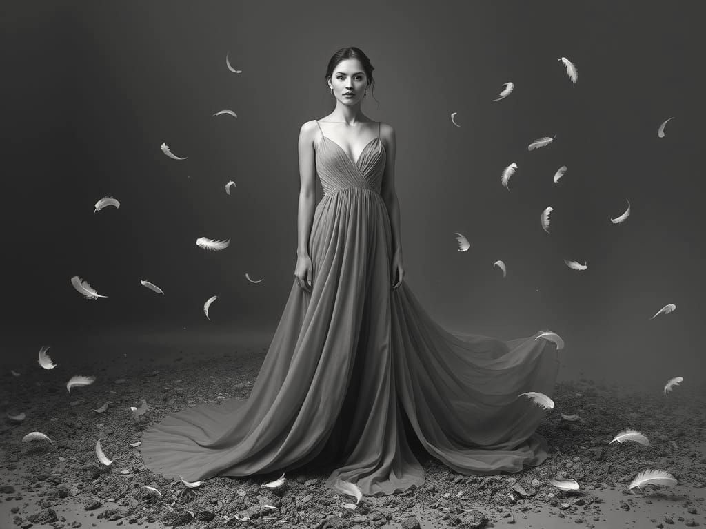 Elegant Woman in Grey Gown Amidst Grey Hues
