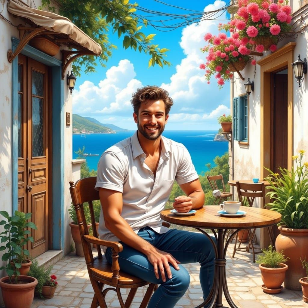 Mediterranean Man Enjoying Coffee at Cafe