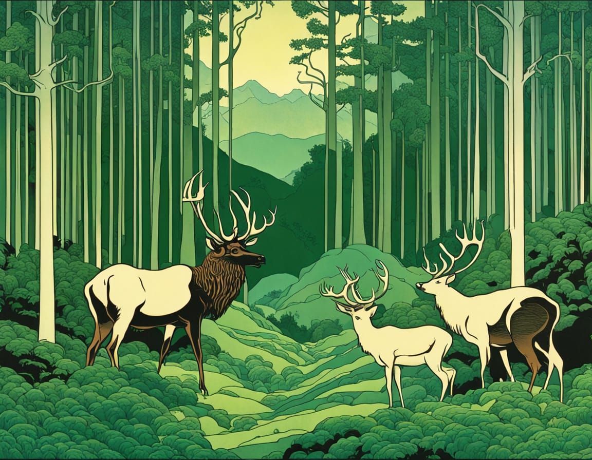 Majestic Elk in Verdant Woods, Art Nouveau Style