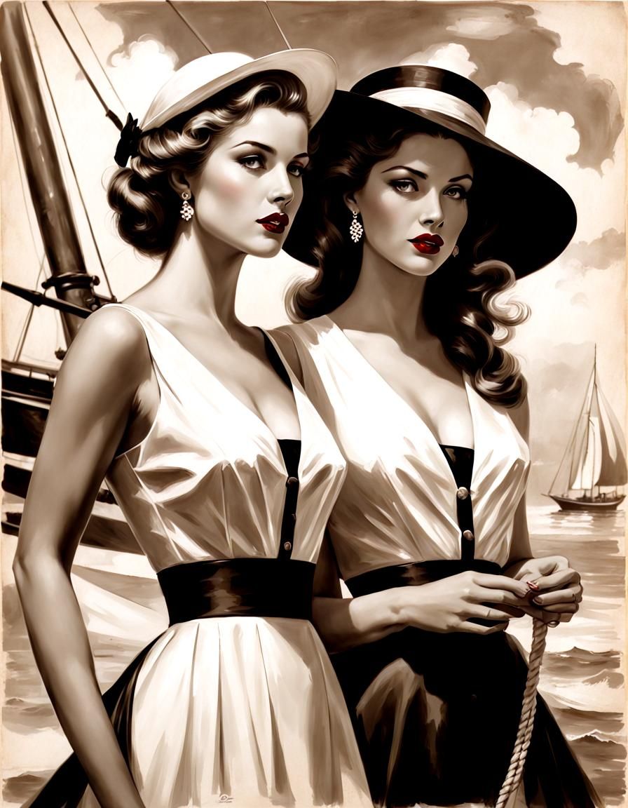 Vintage Yacht Portrait in Sepia Monochrome