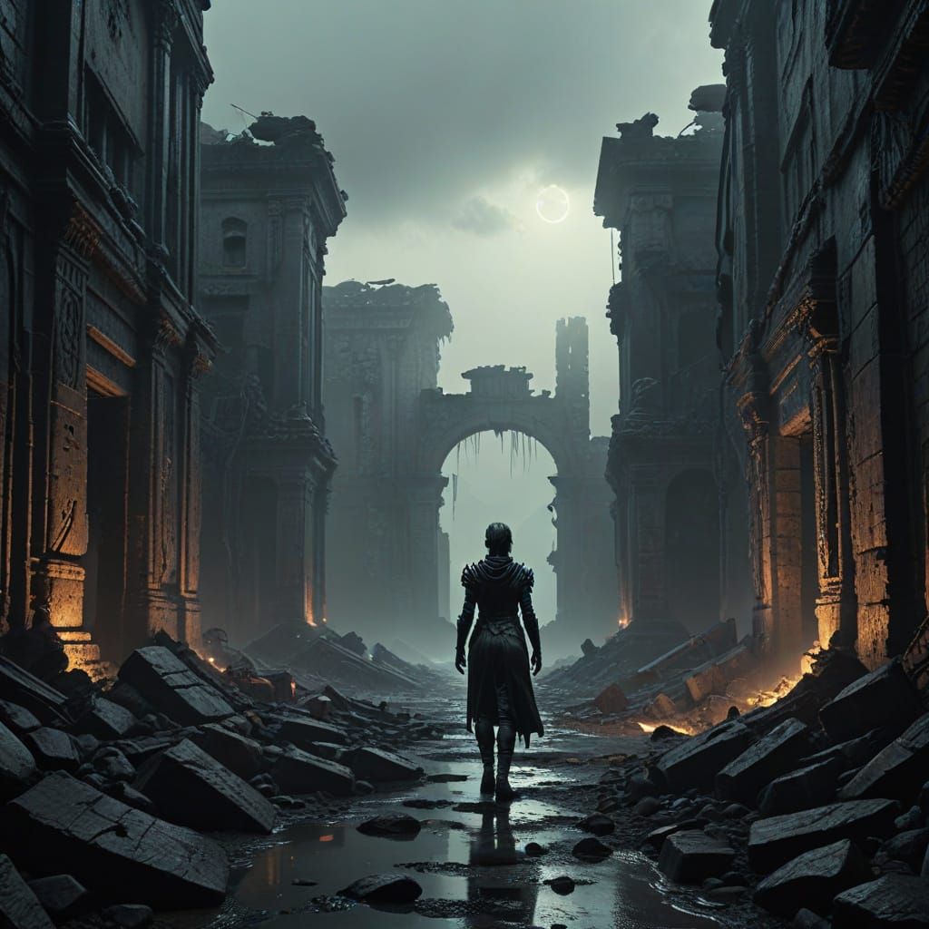 Dystopian Sci-Fi Figure in Ruined Landscape