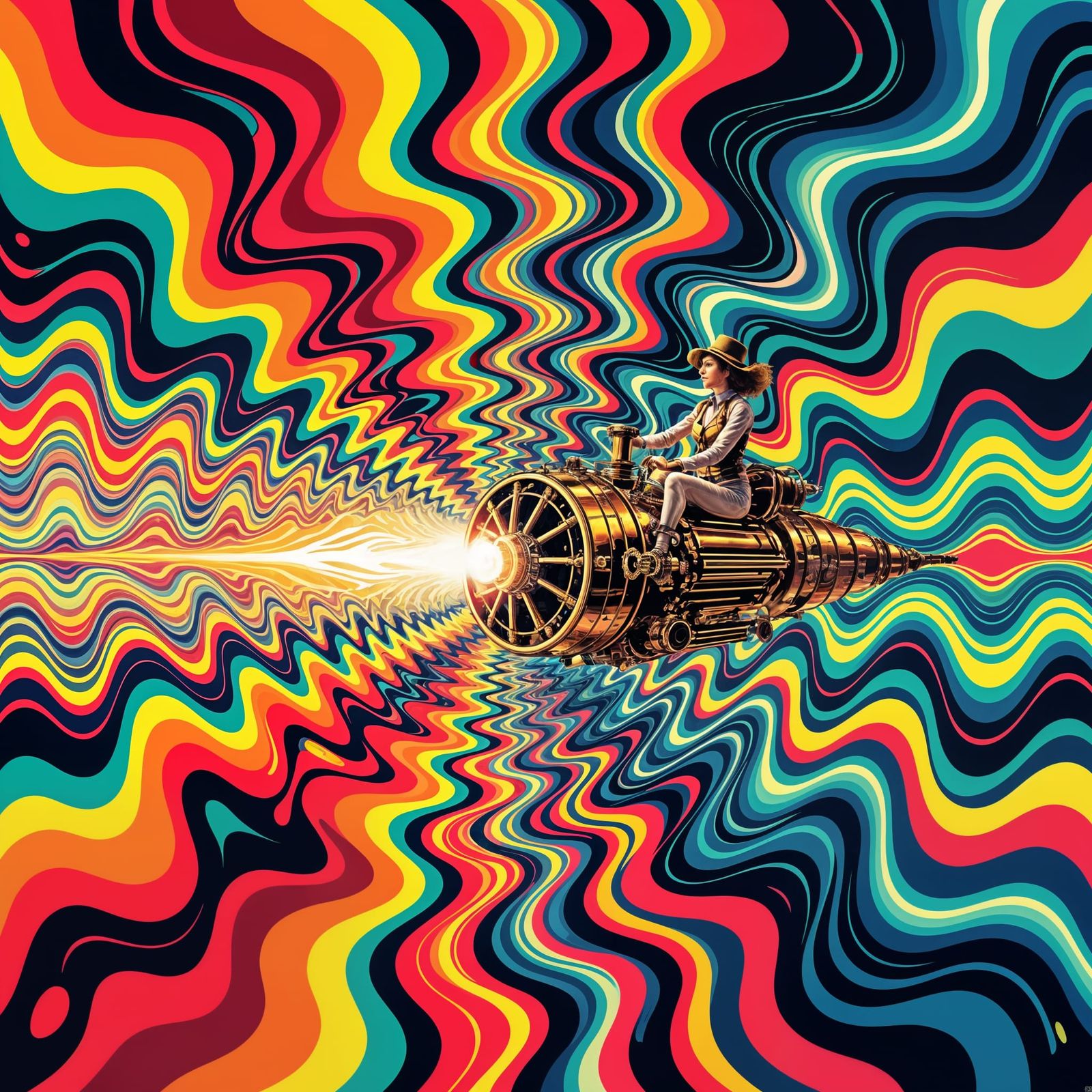 Woman Time Traveler in Multicolored Steampunk Engine