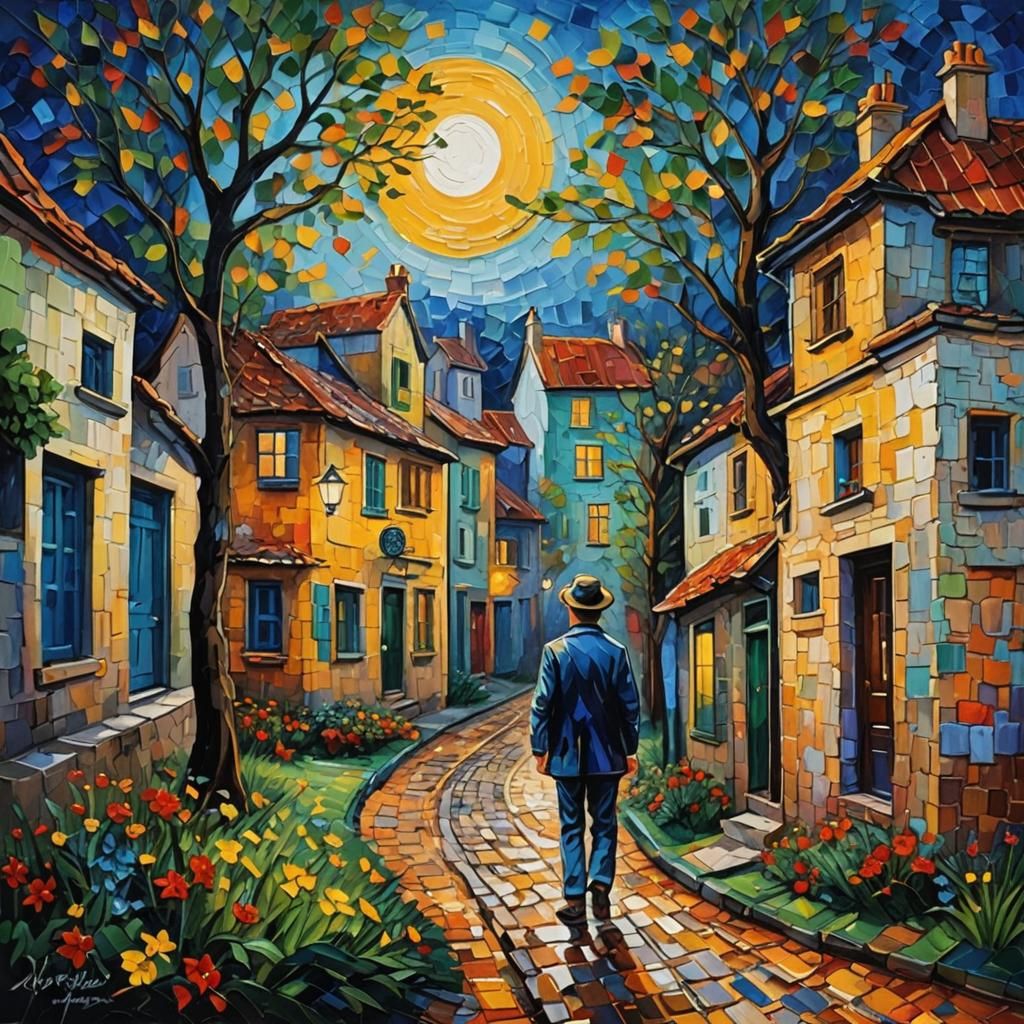 Neo-Impressionist Moon Over Corner Oil Painting