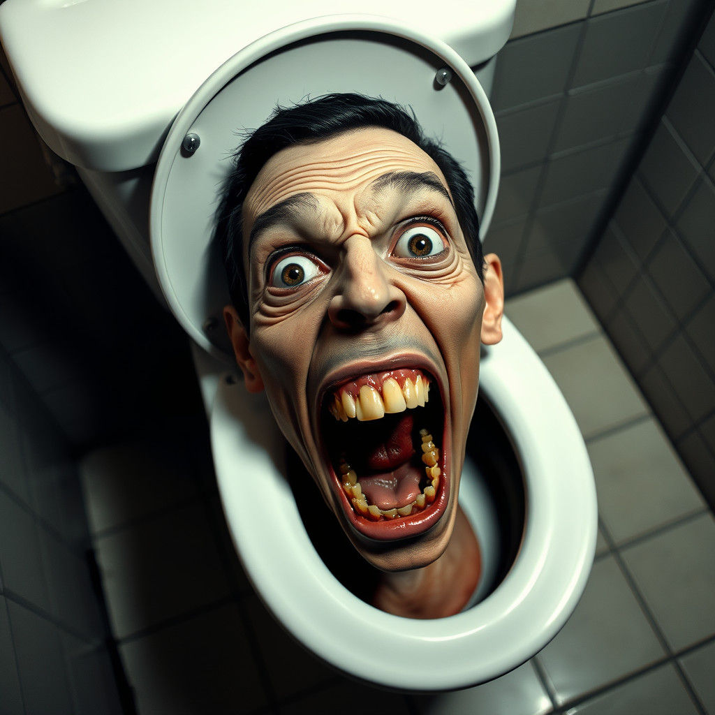Distorted Head Emerges from Toilet Bowl in Digital Art