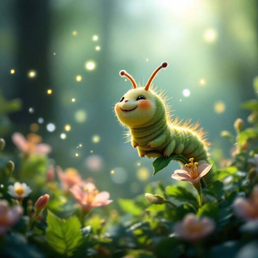 Excited Caterpillar on Lily Stem in Spring Forest