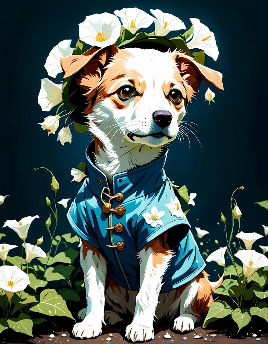 Surreal Docker Dog Wears Elegant Ipomoea alba Flowers Costum...