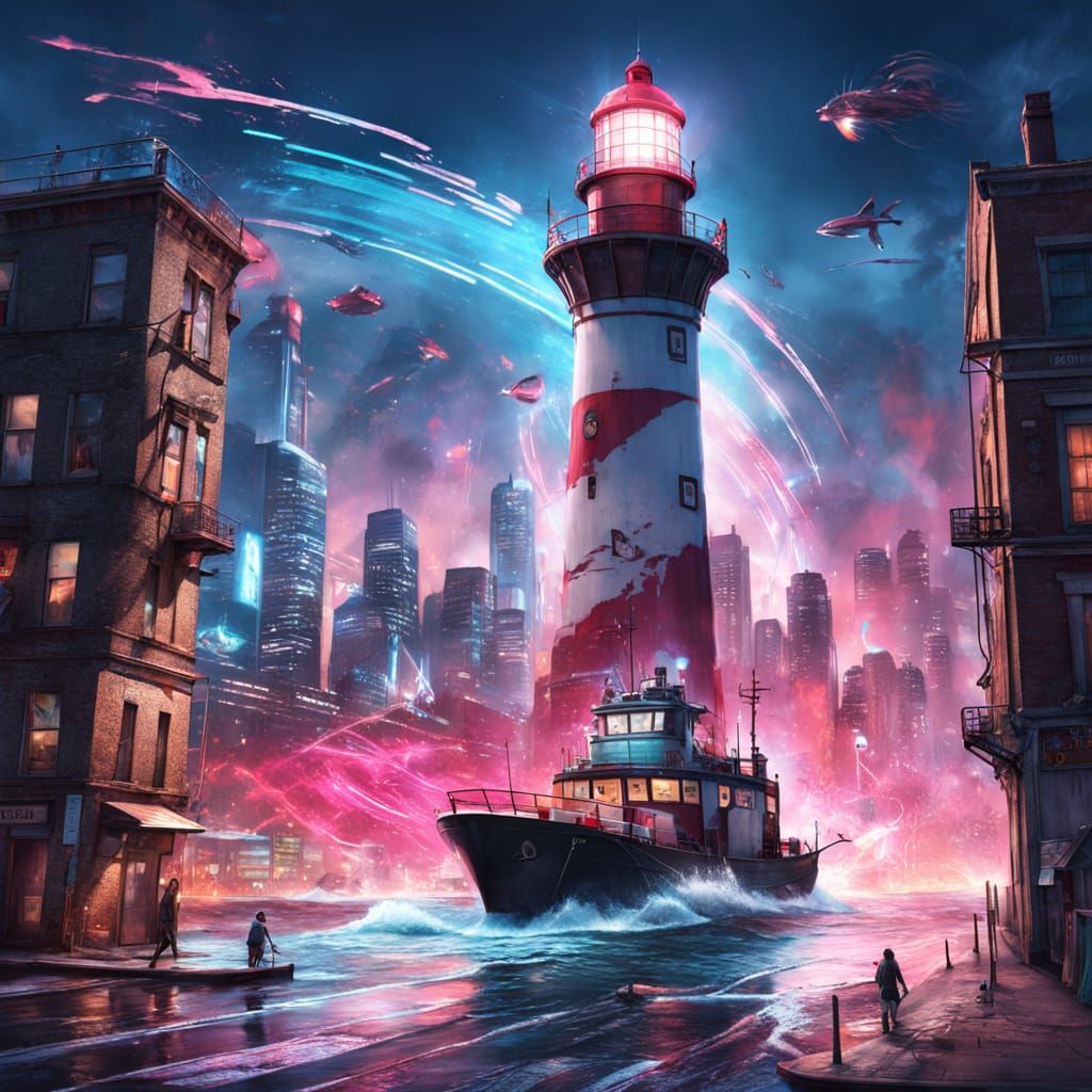 Cyberpunk Lighthouse with Pink Leopard, Splash Art