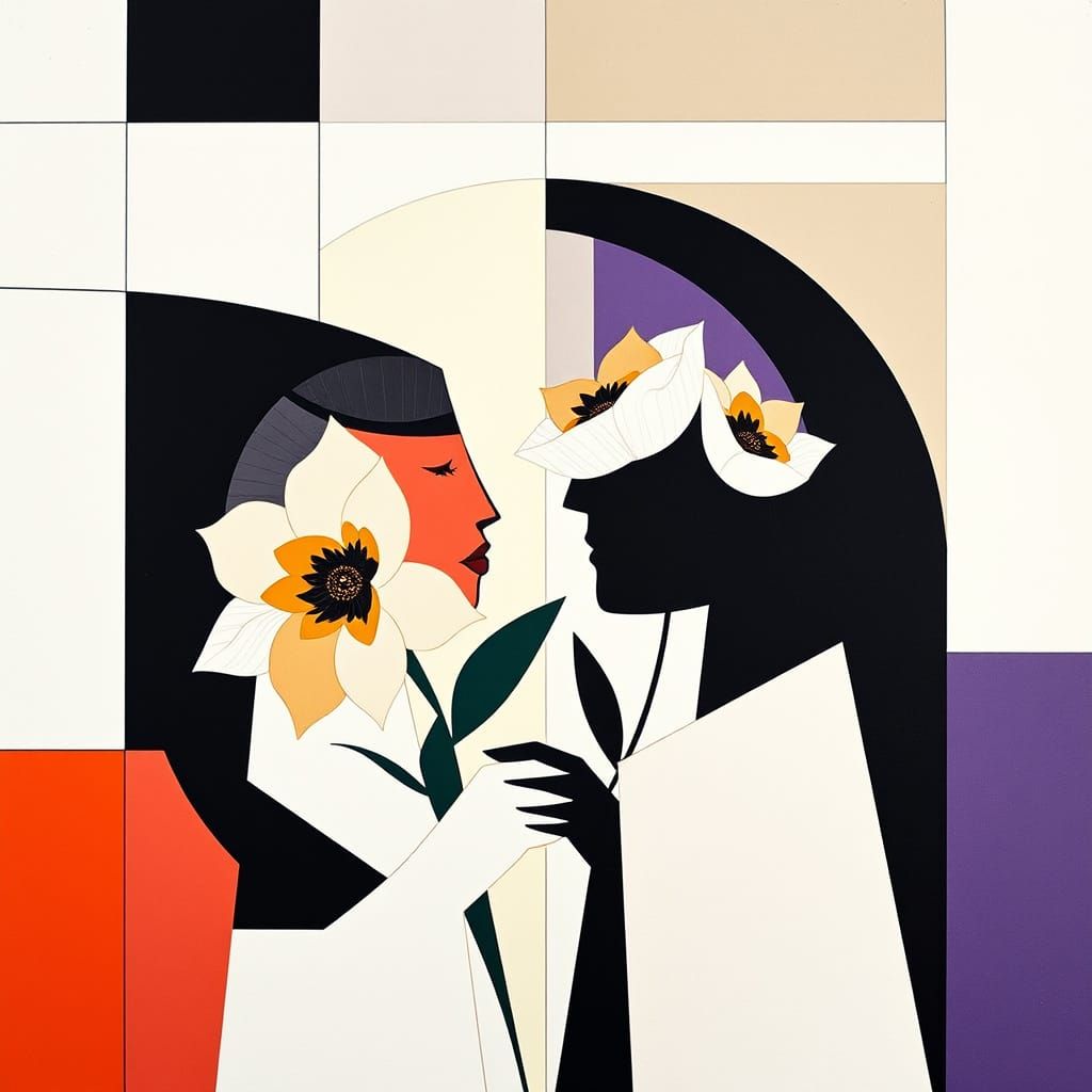 Abstract Cubism Art: Loving Pair Receives Finest Flowers