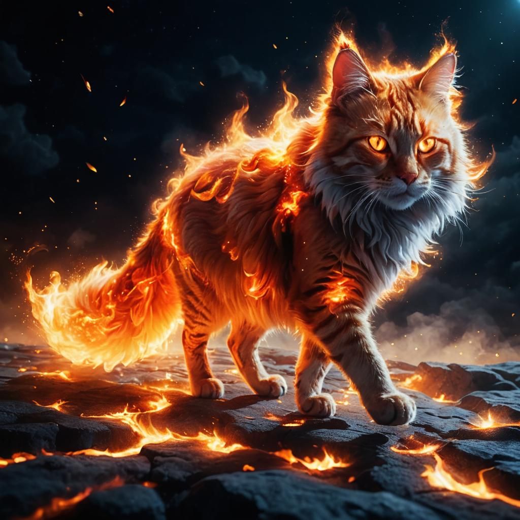 Fiery Tabby Cat Walking Under the Night Sky