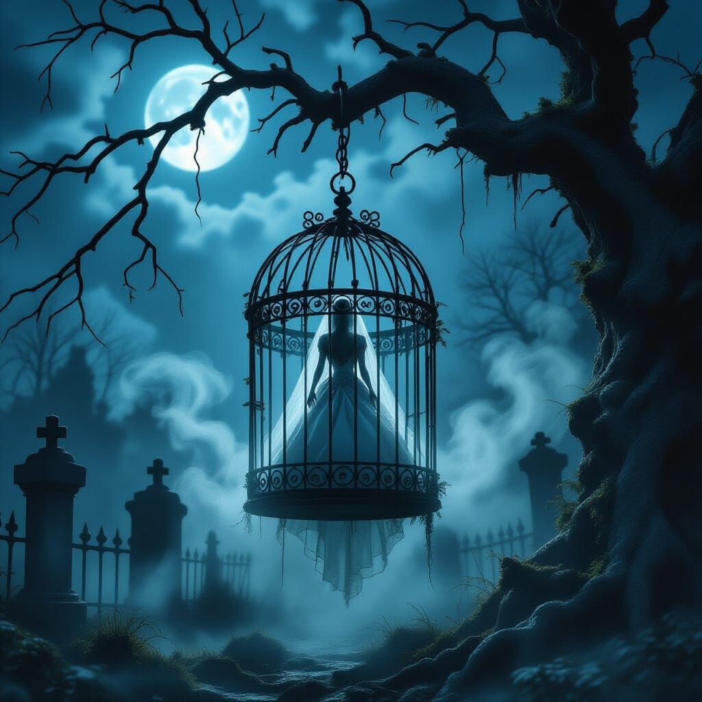 Spectral Zombie Bride in Moonlit Graveyard Birdcage