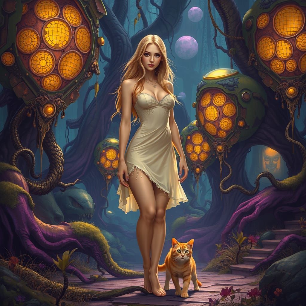 Blond Woman and Cat in Overgrown Futuristic Playground