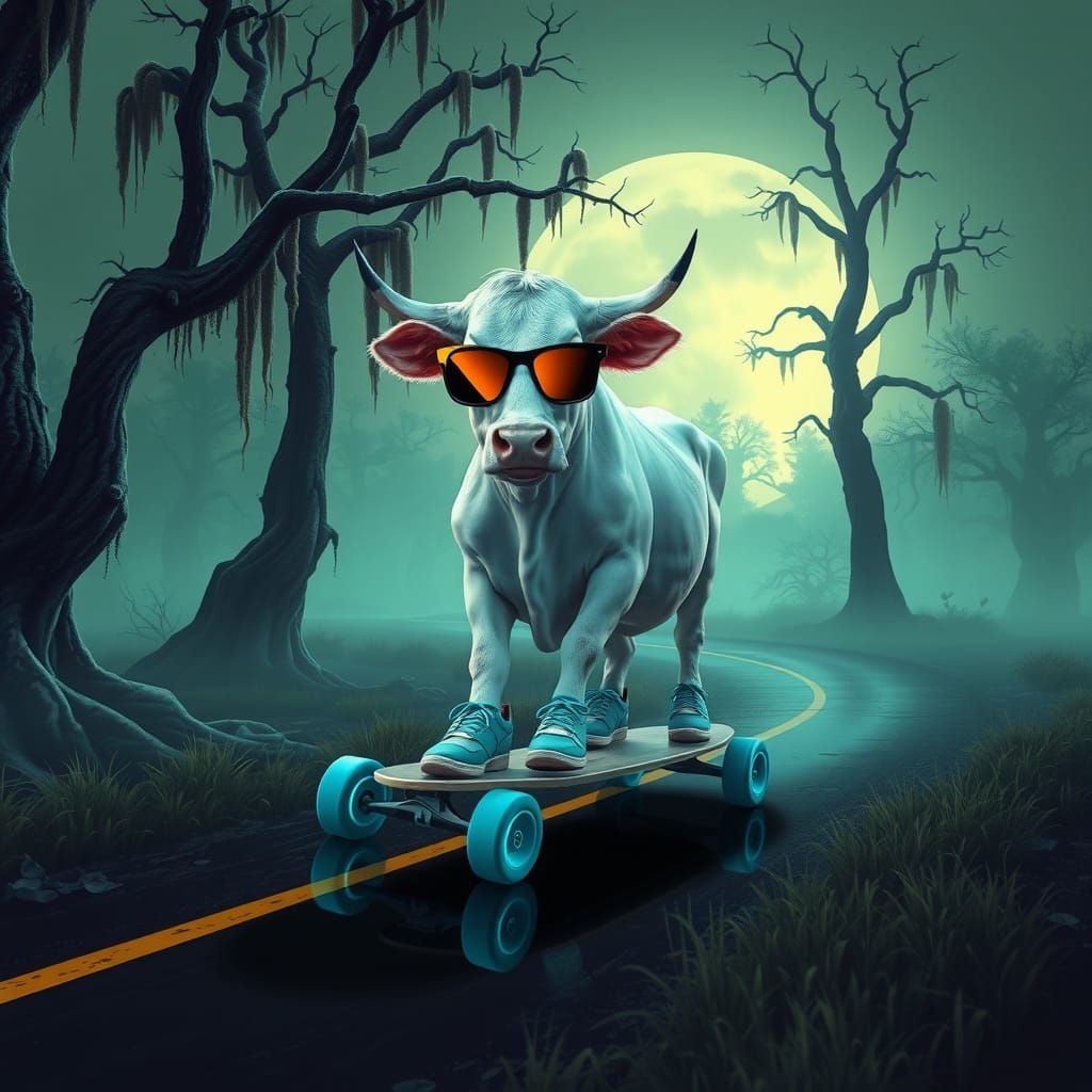 Retro-Futuristic Cow Skateboarder on Misty Road