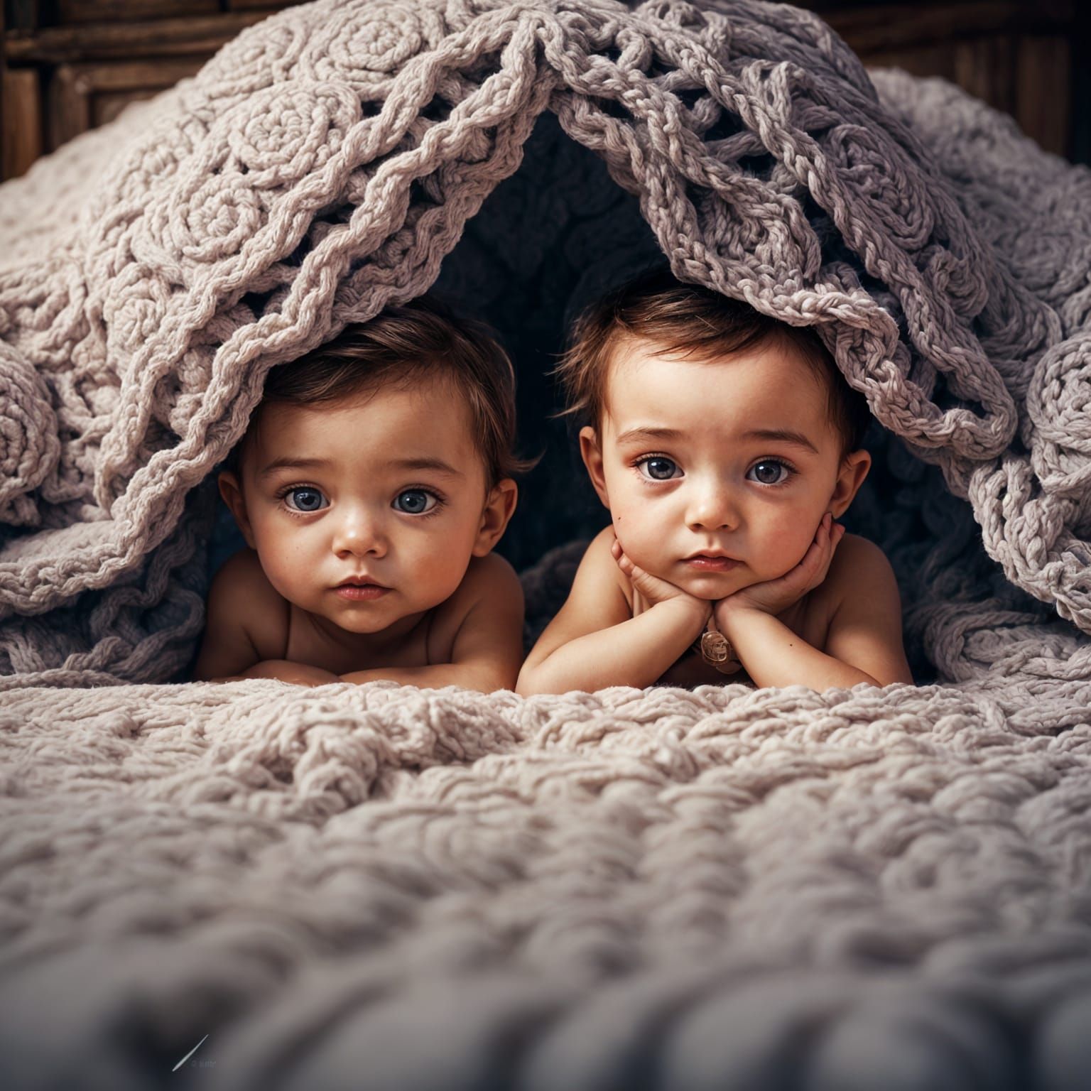 Toddlers Peek from Behind Crocheted Blanket