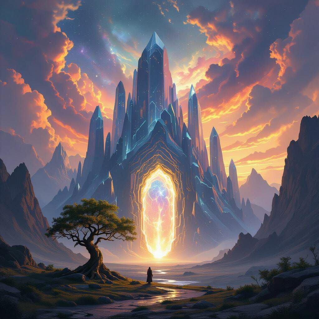 Mystical Crystal Mountains and Glowing Tree Portal