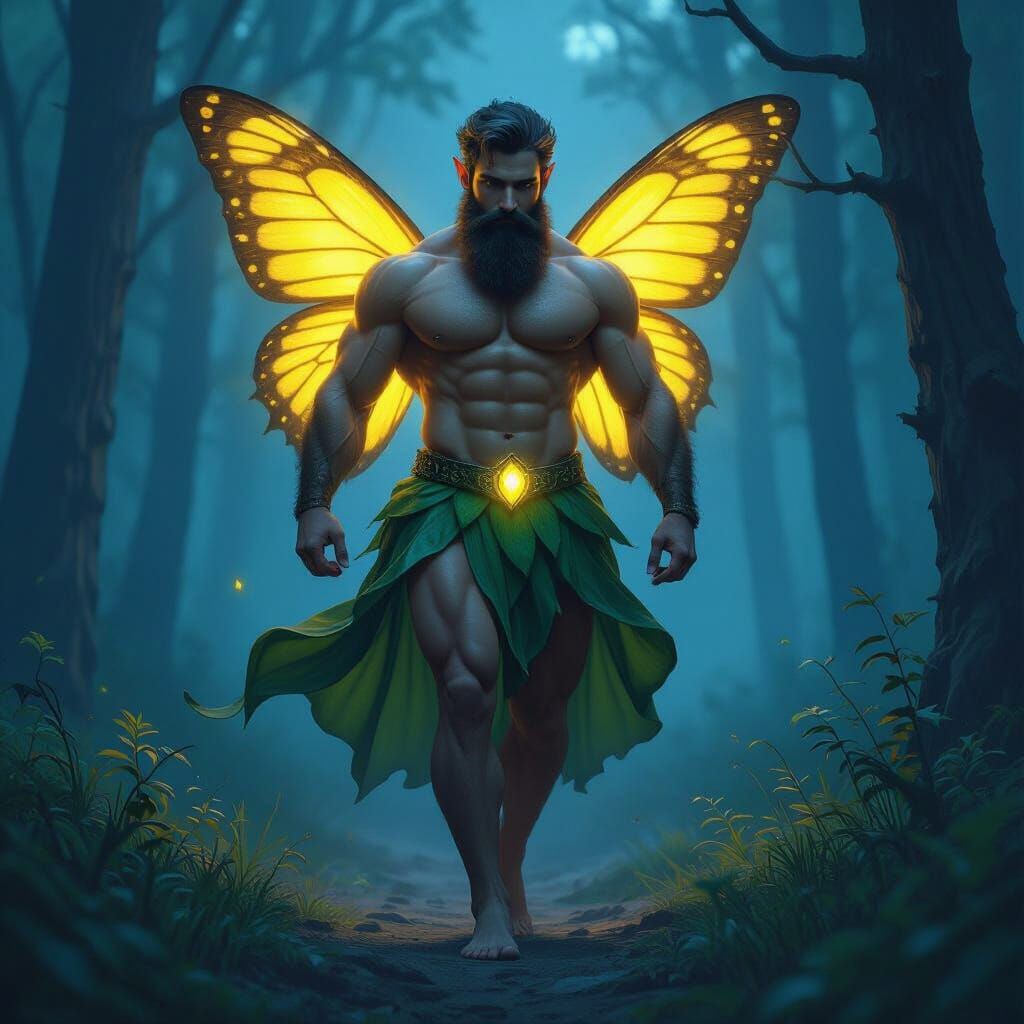 Muscular Bearded Fairy with Glowing Wings in Misty Forest