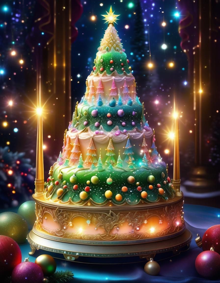 Sparkling Christmas Tree Cake in Watercolor Style