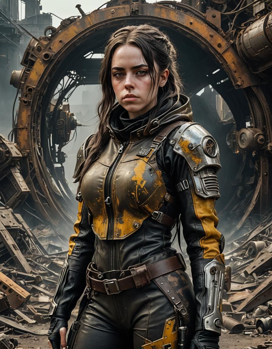 Brunette Vault Survivor in Post-Apocalyptic Landscape