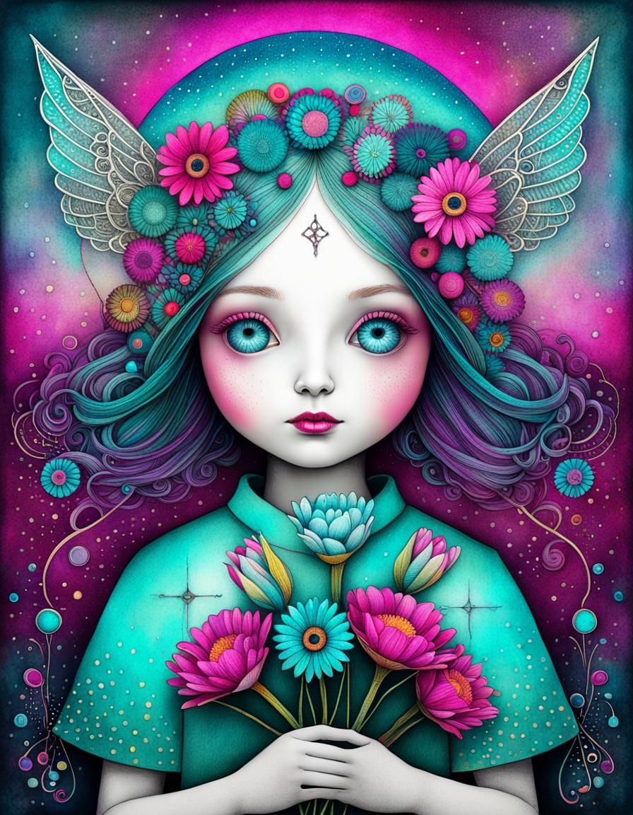 Enchanting Girl with Flowers in Surreal Children's Illustrat...