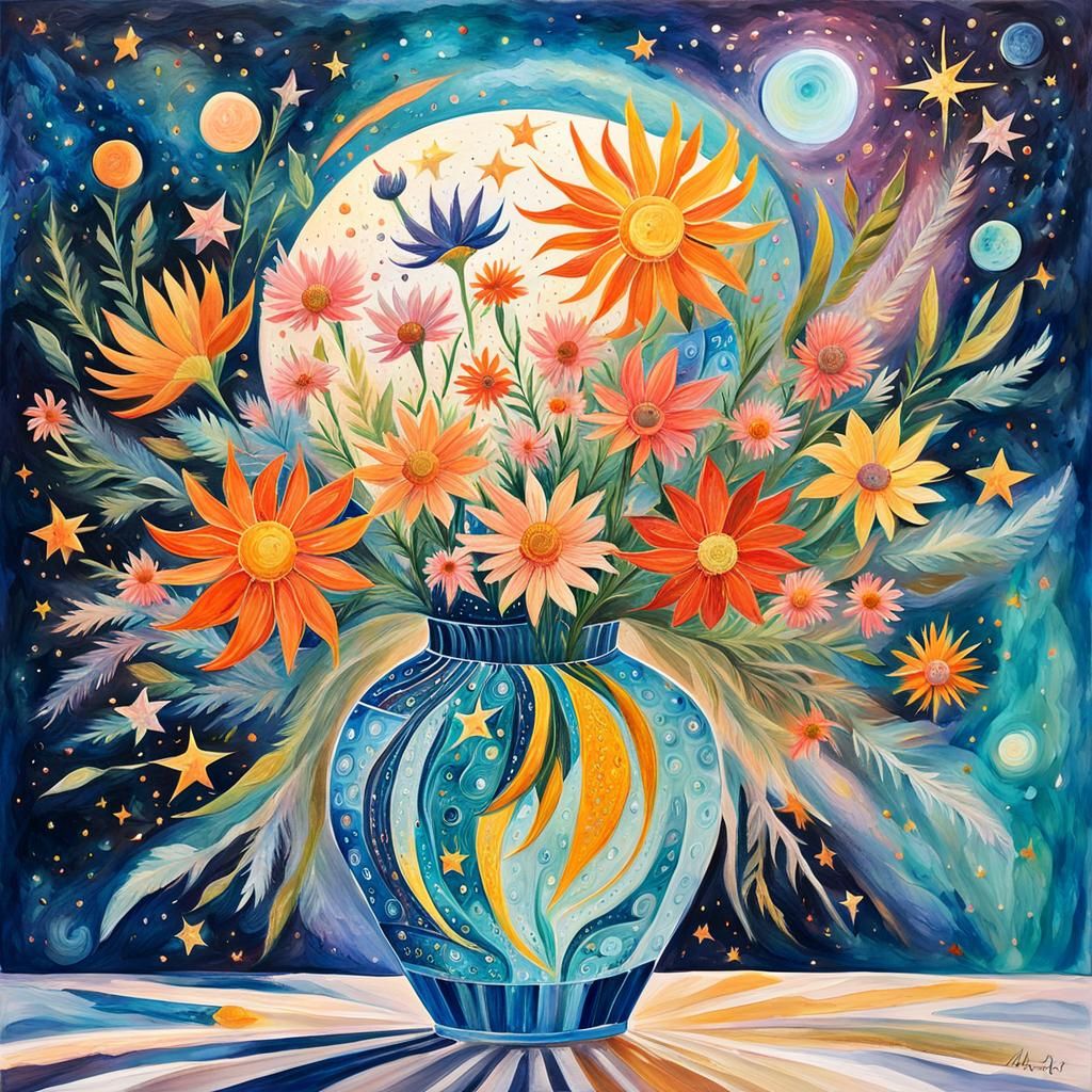 Duality Art: Sun and Moon in Abstract Vase