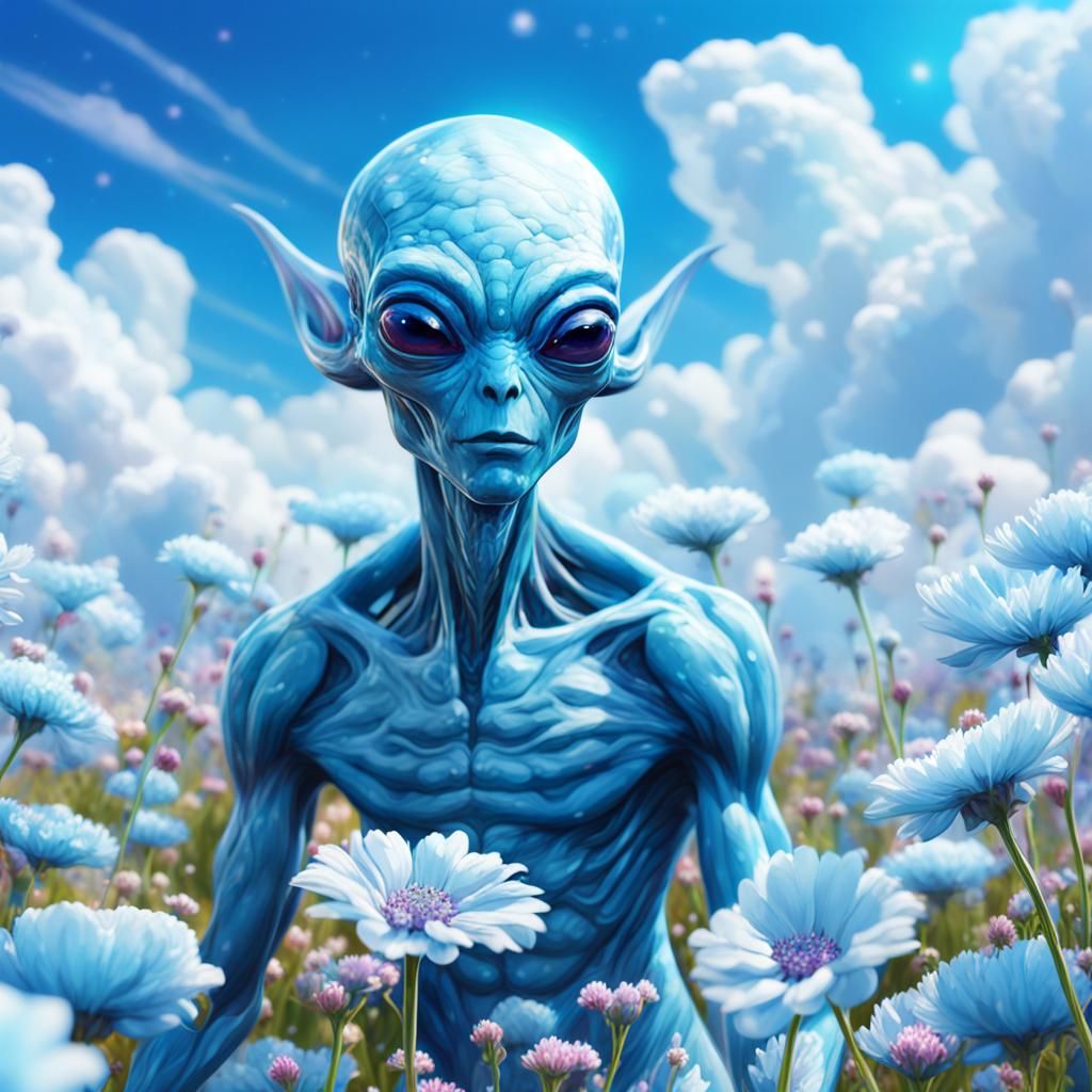 Crystalline Alien in Blue Flower Field, Concept Art