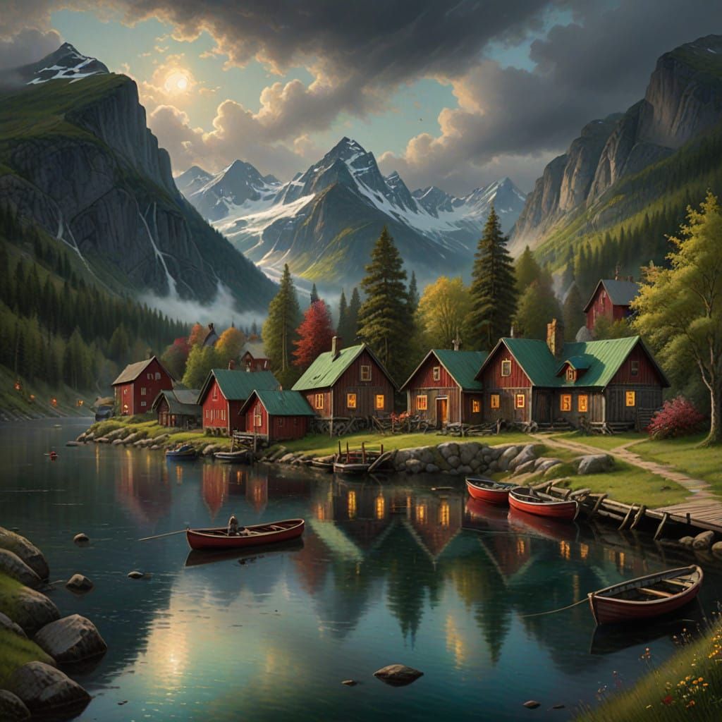 Scandinavian Fishing Village under Dramatic Mountains