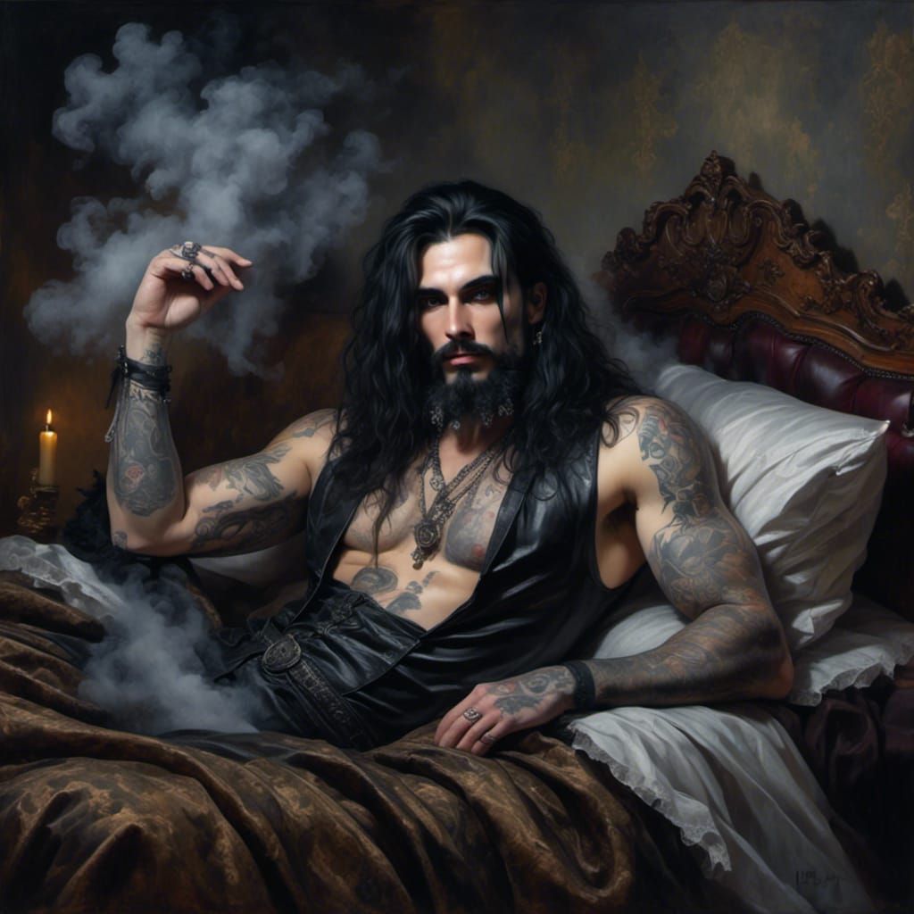 Gothic Man Posing in Leather and Lace