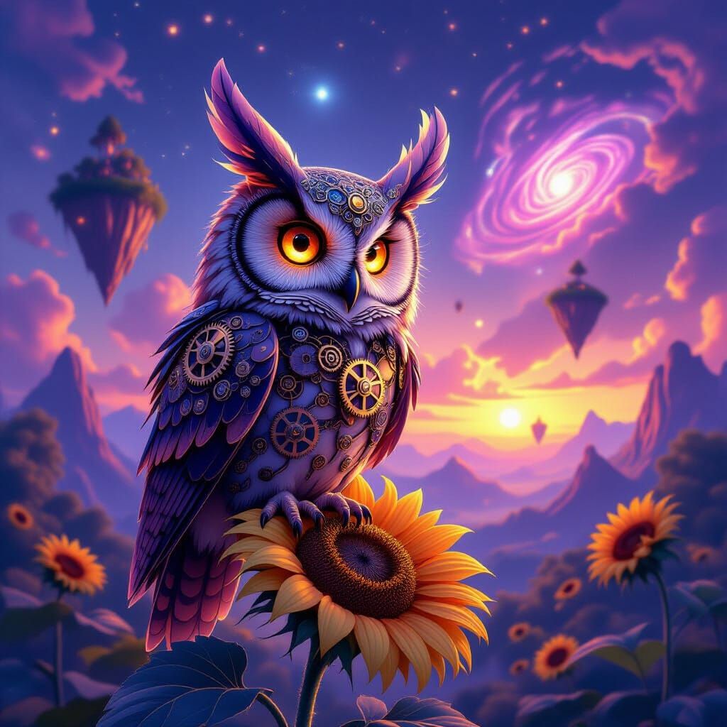Clockwork Owl on Sunflower in Surreal Dreamscape
