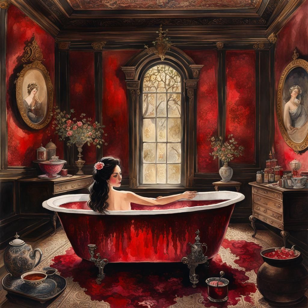 Brunette Woman's Lavish Bath: Circa 1600s Watercolor