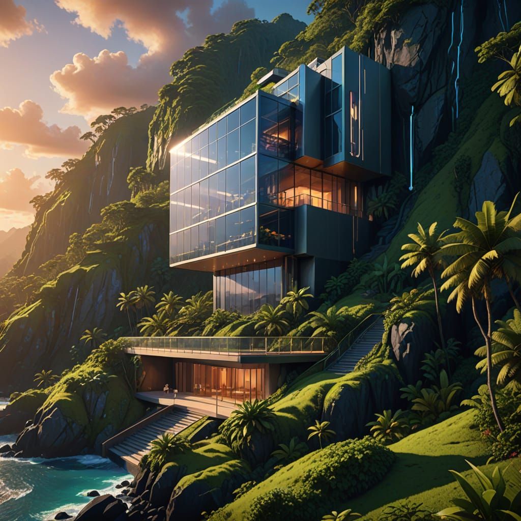 Futuristic Mountain Mansion in Hyperrealistic Digital Art