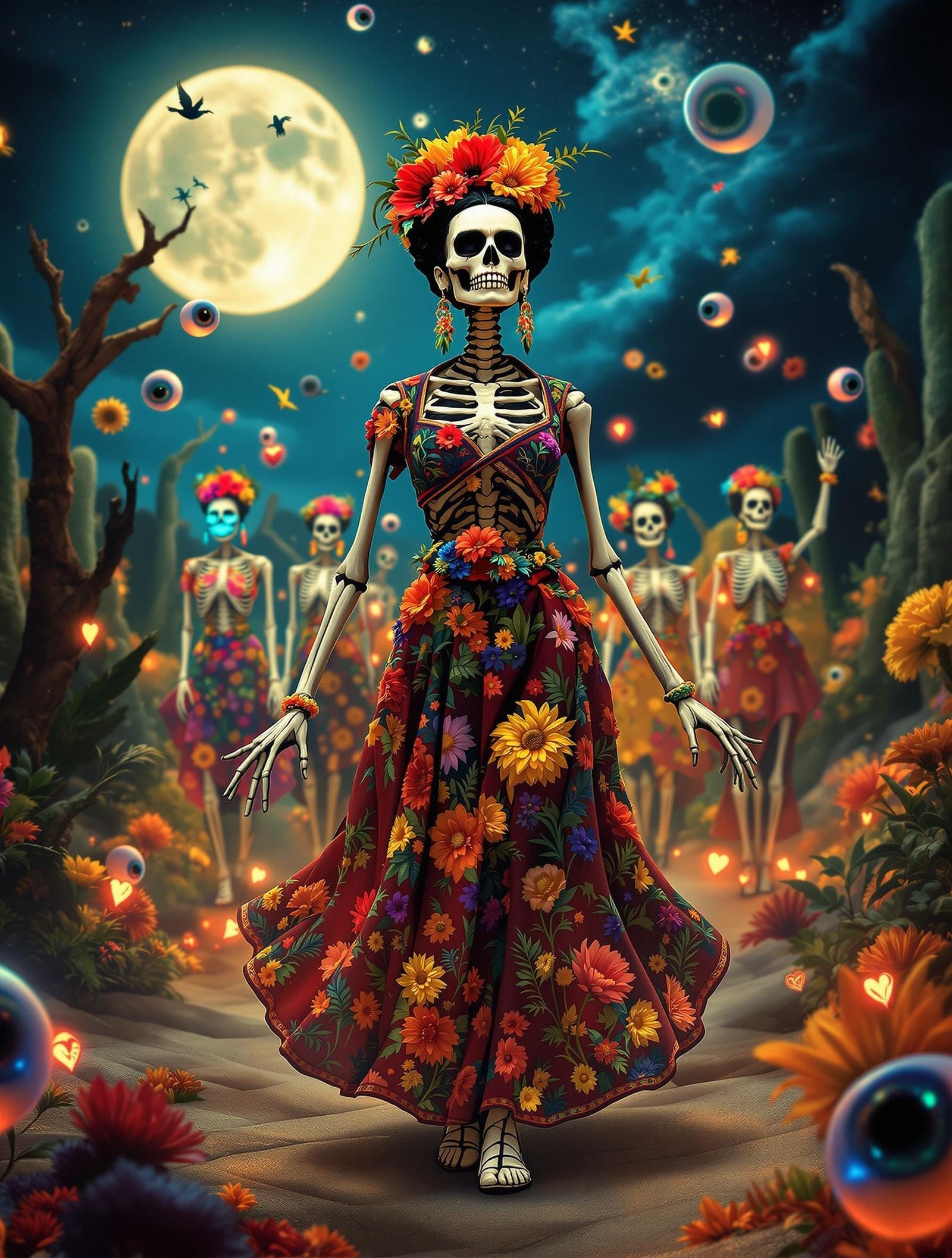 Frida Kahlo Leads Skeletons in Vibrant Dia De Los Muertos Pa...