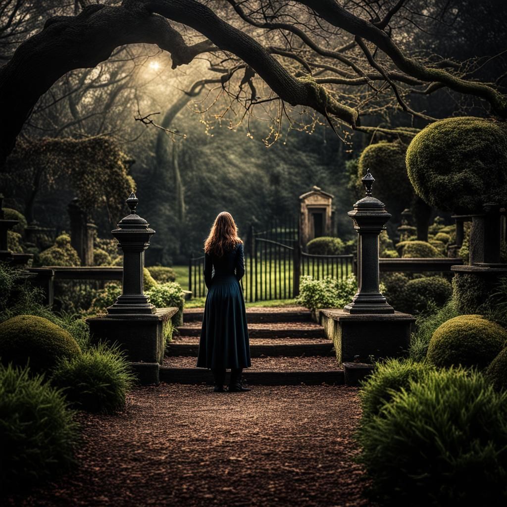 Solitary Woman in Garden of Grief: Hyperrealistic Image