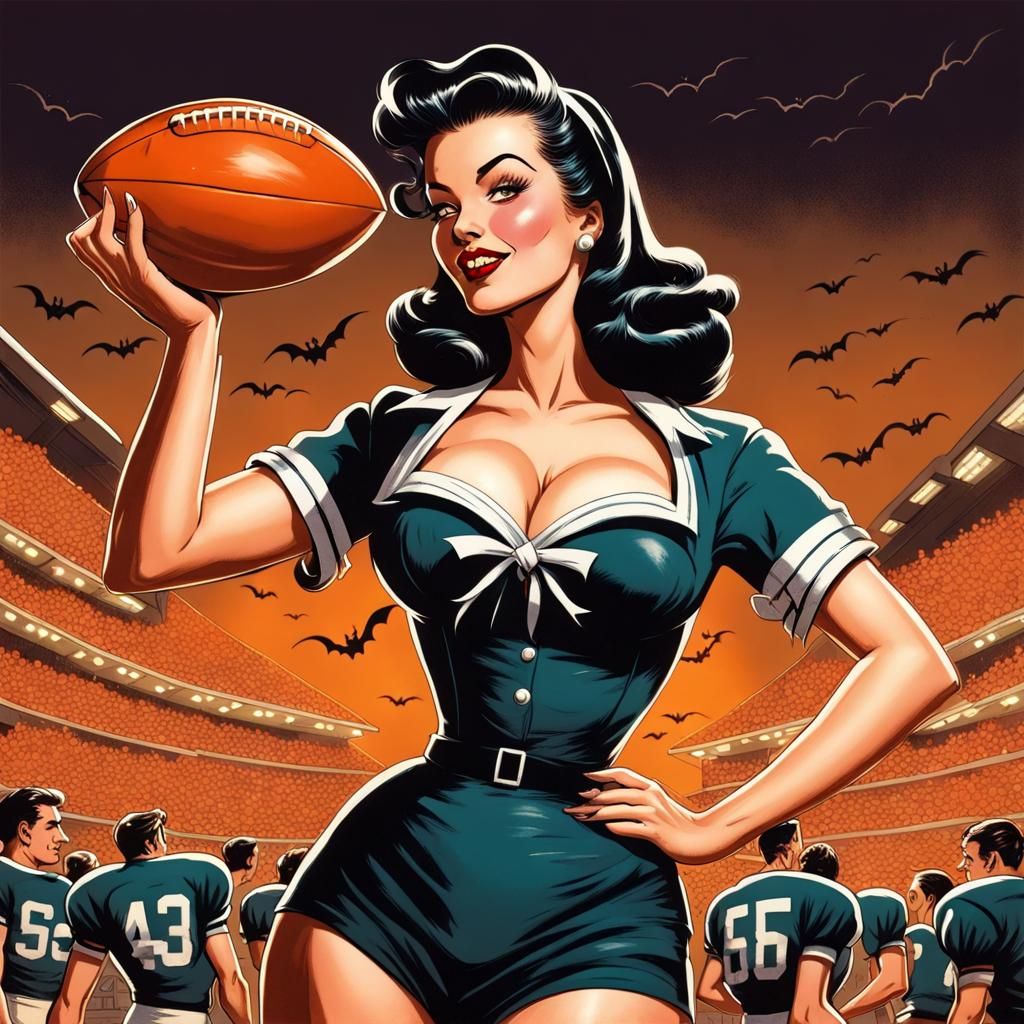 1950s Pinup Girl at Halloween Football Game