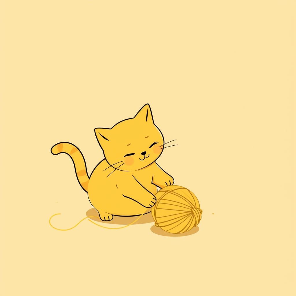 Cute Cat Plays With Yellow Yarn in Minimalist Line Art