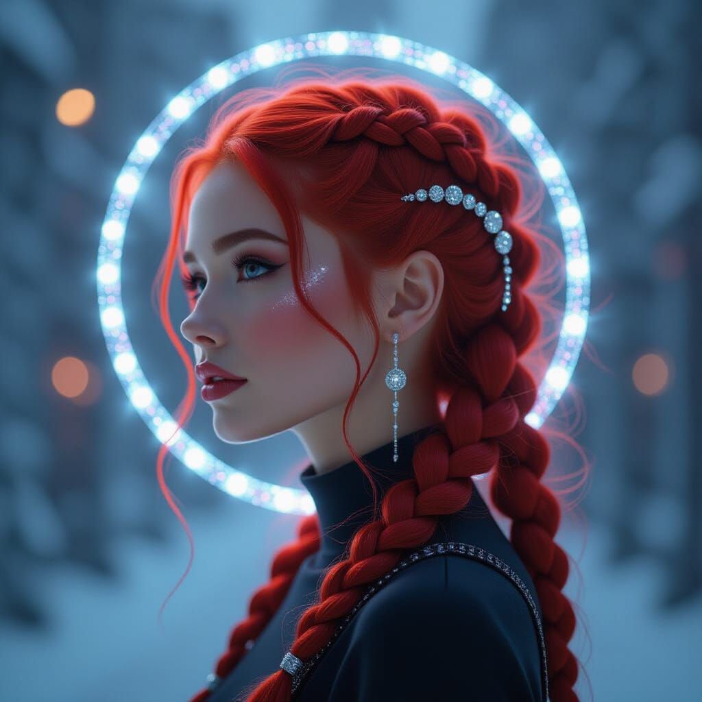 Redhead with Cosmic Braids in Sci-Fi Landscape